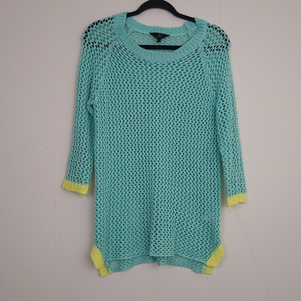 Jack Blue Yellow Fishnet Knit 3/4 Sleeve Sweater Top Over Shirt Tunic Coverup